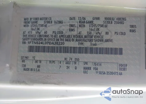 2007 Ford E-250 Commercial/Recreational z USA, uszkodzony, nr VIN 1FTNS24L07DA38220